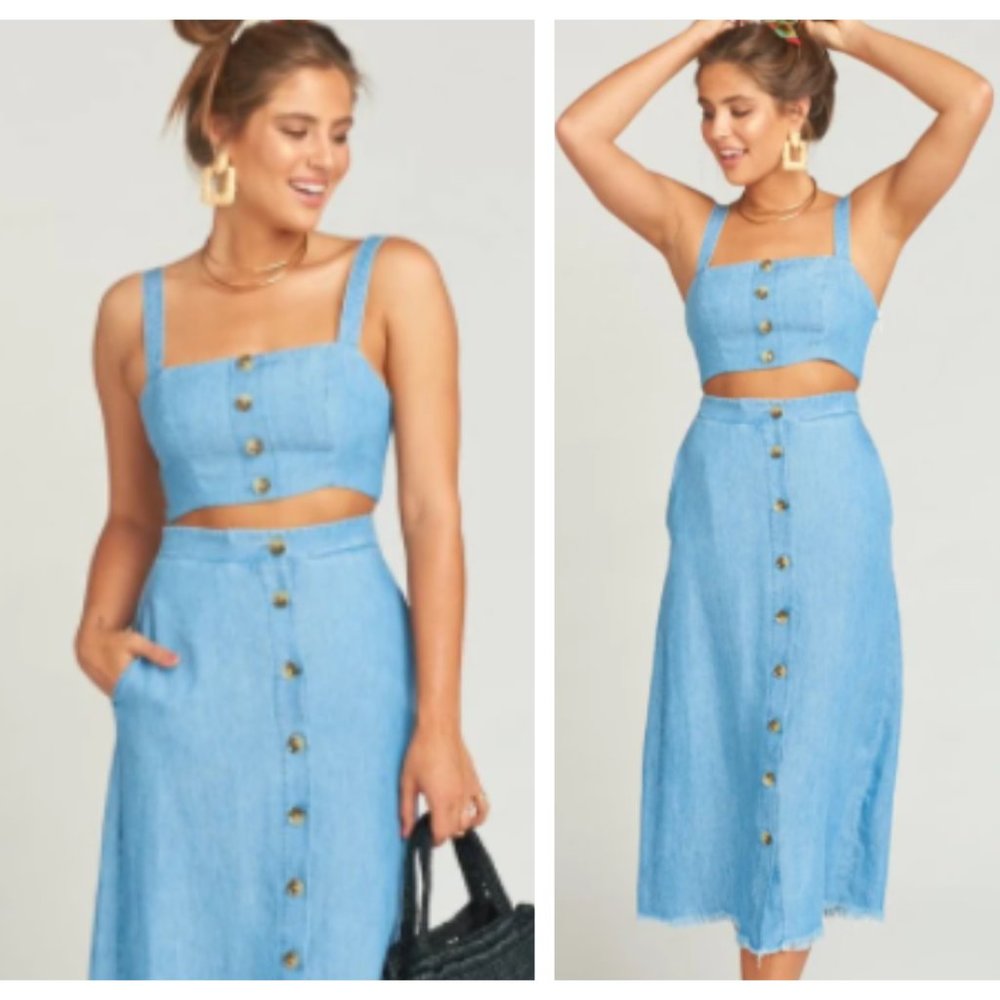 NWT Show Me Your Mumu Adeline Chambray Crop Top M - Picture 2 of 9
